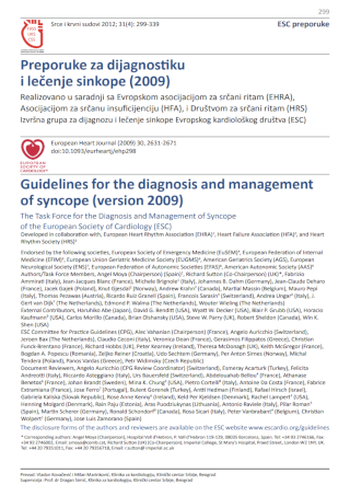 Preporuke za dijagnostiku i lečenje sinkope (2009)